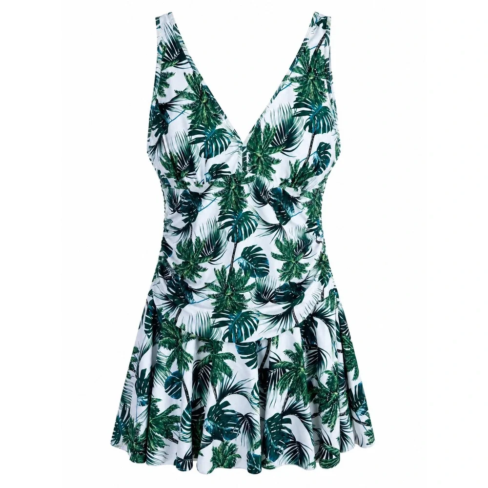 COCOPEAR Women's Tropical Palm Leaf Swim Dress Green White One Piece Size 3XL